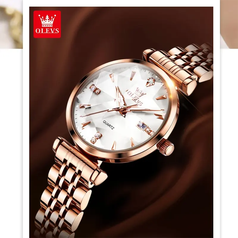 Olevs Luxury Silver Diamond Dial Rose Gold Ladies Watch | 5536